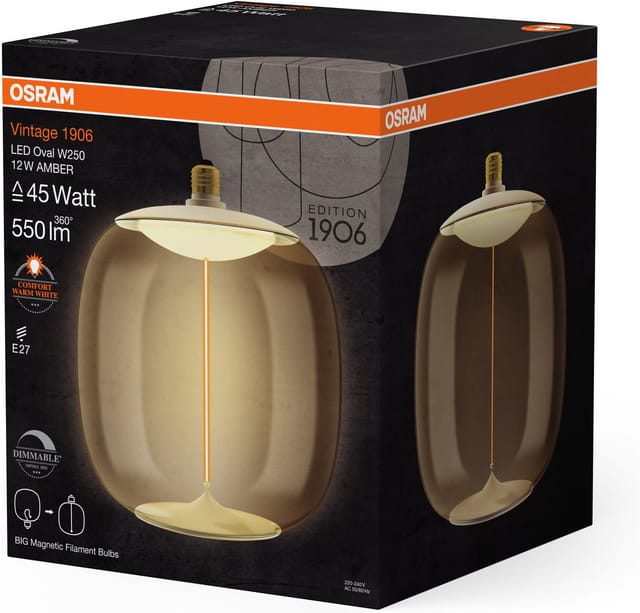 Osram - Vintage 1906 Big Oval Ist Eine Dimmbare, Dekorative Lampe Aus Kunststoff Mit Led-glüwendel-magnet-technologie. Sie Bietet 12 W, 550 Lm, E27 Fassung, Bernstein Design, 250 Mm Durchmesser, Cri 80.