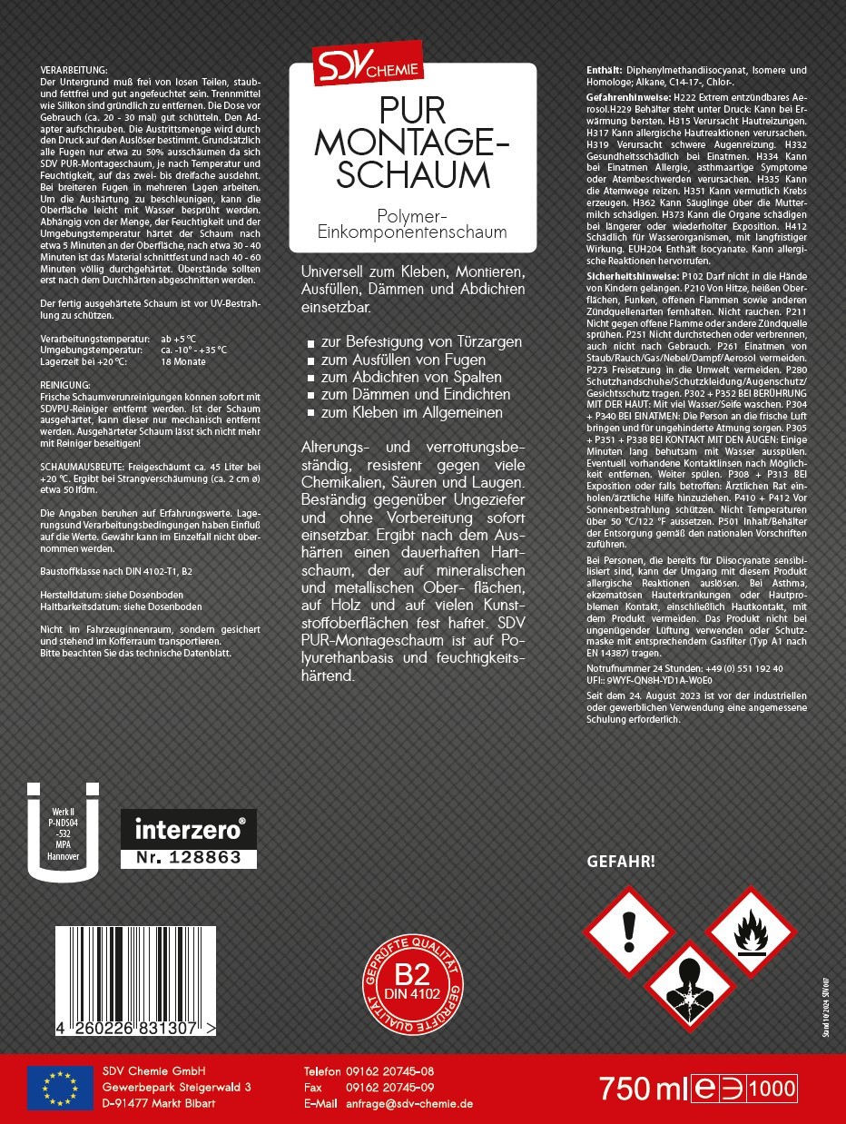 MONTAGESCHAUM 1 x 750ml Adapterschaum 1K Bauschaum PU-Schaum Zargenschaum B2