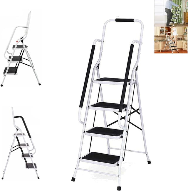 Trittleiter 4 Stufen Klappbar Mit Handlauf Und Rutschfester Stufen, Klapptritt Klappleiter Klapptreppe Stehleiter Haushaltsleiter Leiter Leiter, Ideal Für Zuhause/küche/garage, Belastbar Bis 150 Kg