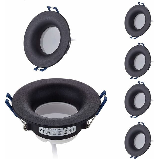 Lot 6 Spots Led Encastrables Complet Noir Rond Avec Ampoules Gu10 Module Blanc Chaud 3000k 5w 430lm Eqv. 50w Ip20 Dimmable, Spot Encastrable Ø 68mm [classe Énergétique F]