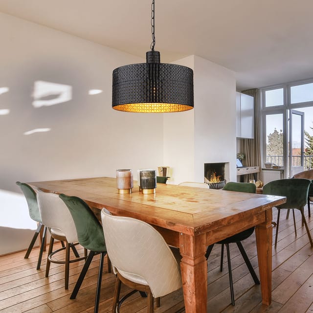 Pendelleuchte Hängelampe Esszimmerleuchte Pendellampe Schwarz Gold Holz 1 Flammig, Metall Mdf, 1x E27 Fassungen, Dxh 35x120 Cm