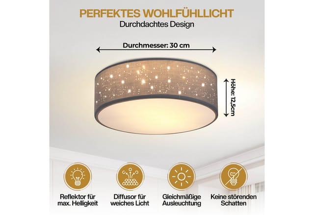 Deckenlampe Sternenhimmel Stoff Rund E27 Deckenleuchte Stoffdeckenleuchte Stoffdeckenlampe Schlafzimmer Wohnzimmer 30cm Grau - Monzana
