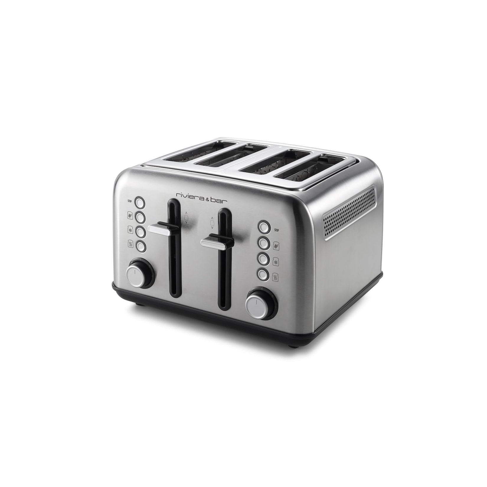 riviera&;bar Stainless Steel 4 short slots Toaster (4-Scheiben, Parallelschlitz, Edelstahl gebürstet, 1.800 W, 7 Bräunungsstufen, 2 unabhängige Bedienfelder, Auftaufunktion, Aufwärmfunktion, Vollkornfunktion)