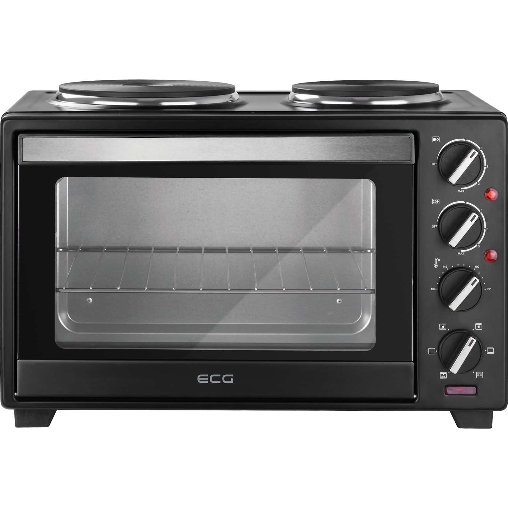 ECG ETH 3001B Minibackofen mit Kochplatte (30 l Garraumvolumen, Ober- und Unterhitze, 1600 W, 2 integrierte Kochplatten, inkl. Drehspieß)