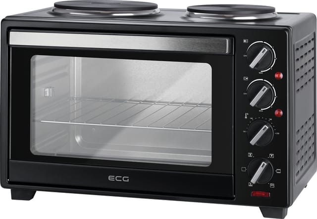 ECG ETH 3001B Minibackofen mit Kochplatte (30 l Garraumvolumen, Ober- und Unterhitze, 1600 W, 2 integrierte Kochplatten, inkl. Drehspieß)