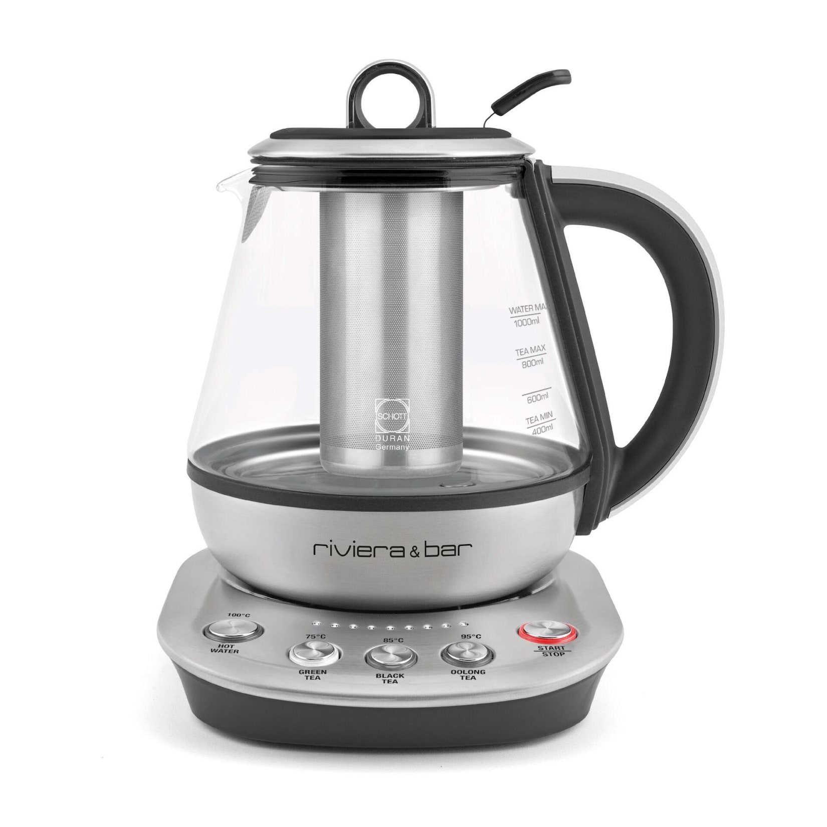 riviera&;bar Tea Maker Compact Teemaschine (Schott DURAN Glas, Edelstahl, 3 Temperaturstufen (75/85/95 °C), Wasserkochermodus bis 100 °C, individuell einstellbare Ziehzeit, Warmhaltemodus bis 30 Min.)
