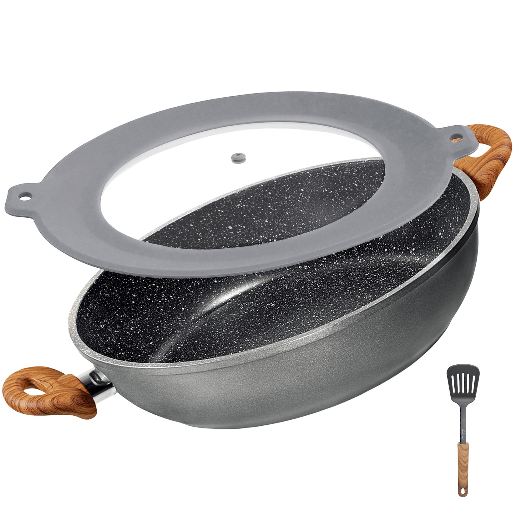 STONELINE Set 28cm Servierpfanne MIG und Pfannenwender, Holzoptik mit Multifunktionsglasdeckel