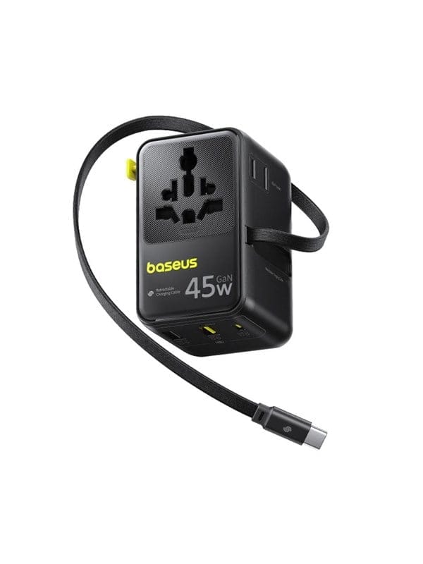 Baseus PicoGo AG11 45W 6-in-1 Travel Adapter with Retractable USB-C Cable - Black