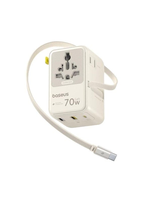Baseus EnerCore CG11 70W 6-in-1 Travel Adapter with Retractable USB-C Cable - White