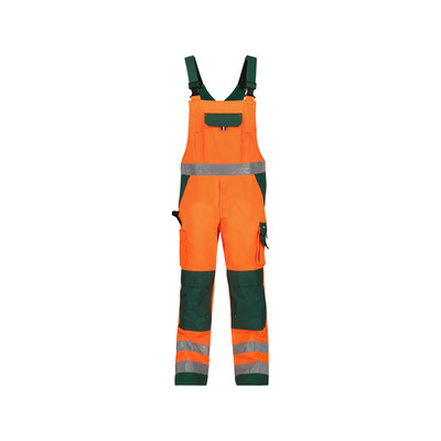 Toulouse Warnschutz Latzhose mit Kniepolstertaschen, neonorange/flaschengrün, Schrittlänge Plus, Größe 54