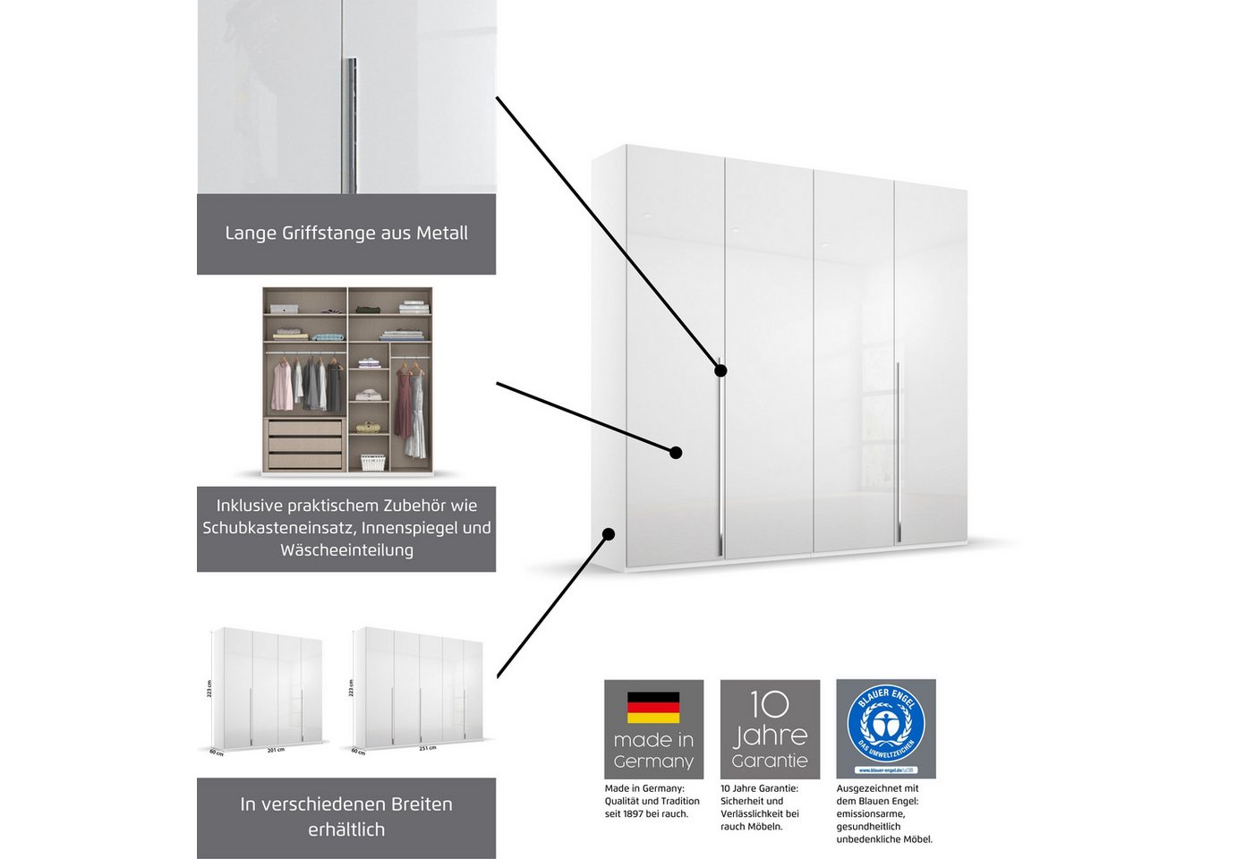 rauch Drehtürenschrank Kleiderschrank Schrank Garderobe Wäscheschrank MONTCLAR (in den Breiten 204/254/304 cm, inkl. SOFT-CLOSE-FUNKTION) Passepartout optional mit Beleuchtung, inkl. Zubehör MADE IN GERMANY Bild 5