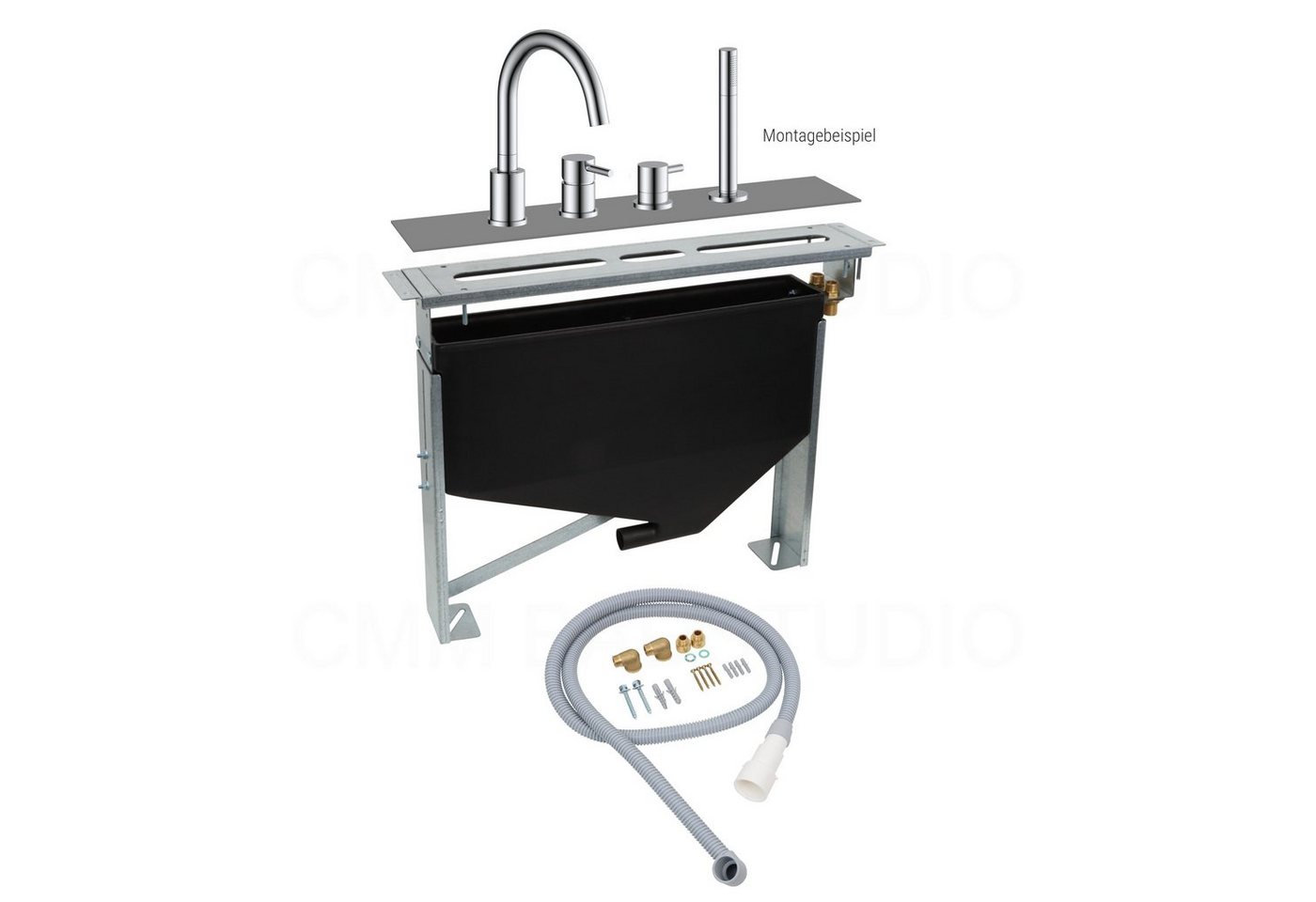 DEUSENFELD Wannenarmatur DS "Premium" Montageblock (Wannenrand Montagesystem für 2, 3, 4 oder 5-Loch Wannenrandarmatur, stufenlos höhenverstellbar von 487 – 605mm) Inkl. Trägerplatte, Schlauchkasten mit int. Drainageanschluss DN50 Bild 4