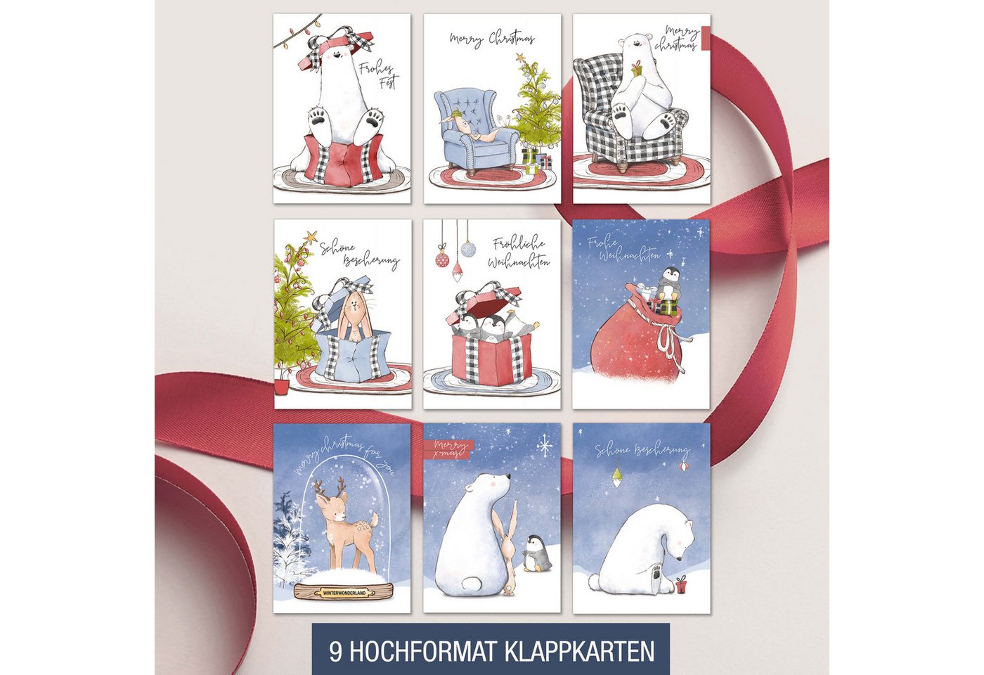 TOBJA Weihnachtskarte Weihnachtskarten mit Umschlag Set - 15 witzig schöne Klappkarten, 15 festliche Weihnachtskarten inkl Umschlag