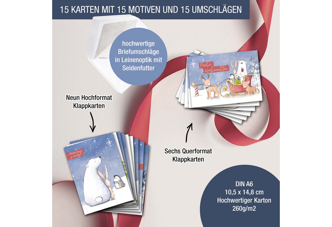 TOBJA Weihnachtskarte Weihnachtskarten mit Umschlag Set - 15 witzig schöne Klappkarten, 15 festliche Weihnachtskarten inkl Umschlag Bild 4