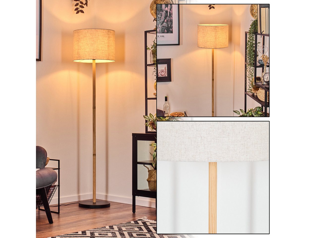 hofstein Stehlampe Stehlampe aus Holz/Metall und Schirm aus Stoff, ohne Leuchtmittel, Boho-Style, skandinavisches Design (40 cm), Fußschalter, 1 x E27