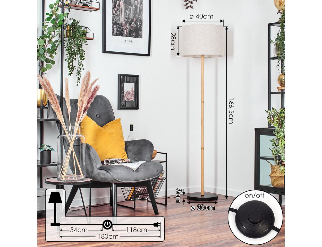 hofstein Stehlampe Stehlampe aus Holz/Metall und Schirm aus Stoff, ohne Leuchtmittel, Boho-Style, skandinavisches Design (40 cm), Fußschalter, 1 x E27 Bild 3