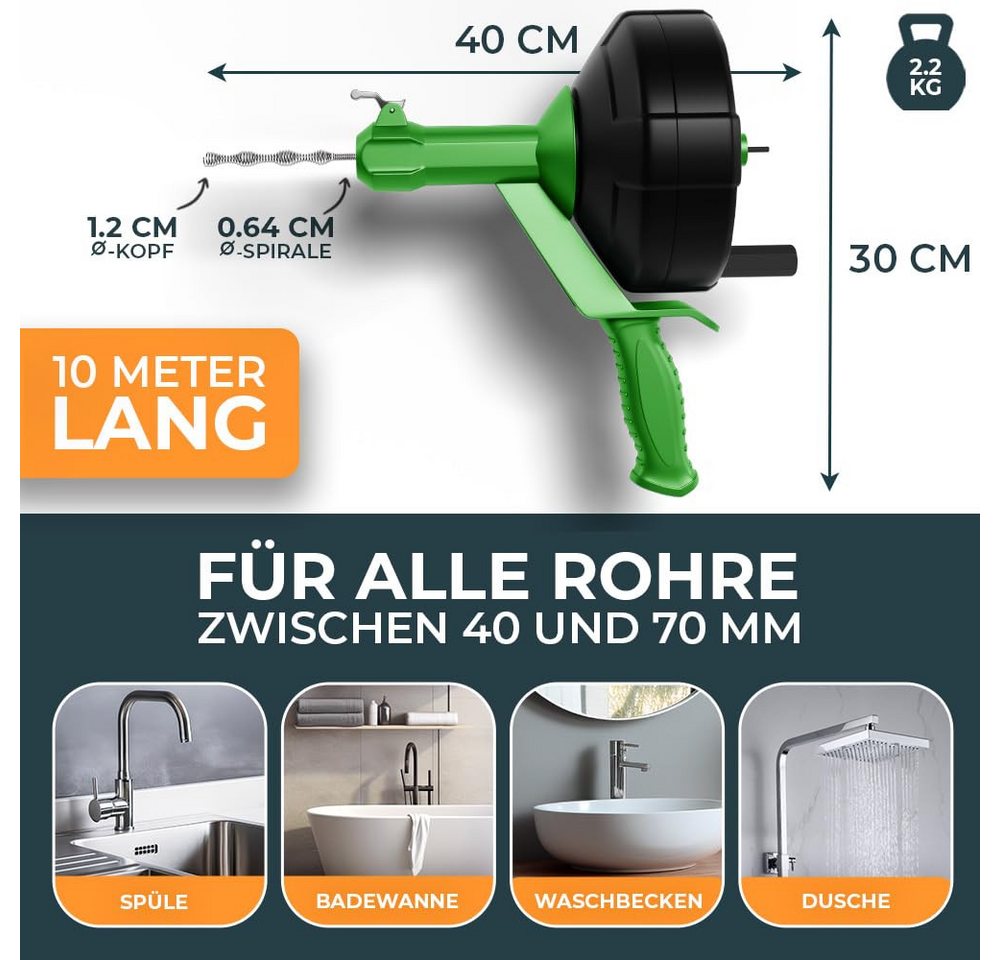 Meisterfaktur Rohrreinigungsspirale Automatik - Extra lange Abflussspirale mit Bohraufsatz, L: 1050 cm, ∅ 64 mm, Die Rohrspirale für echte Heimwerker!