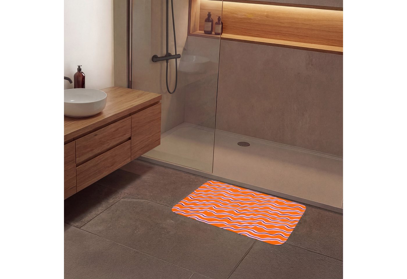 OnlyWow Badematte Retro - Gewellt - Orange, Höhe 10 mm, Polyester, Rechteckig, Badezimmerteppich, Badteppich, Rutschfest, Duschvorleger, Duschmatte