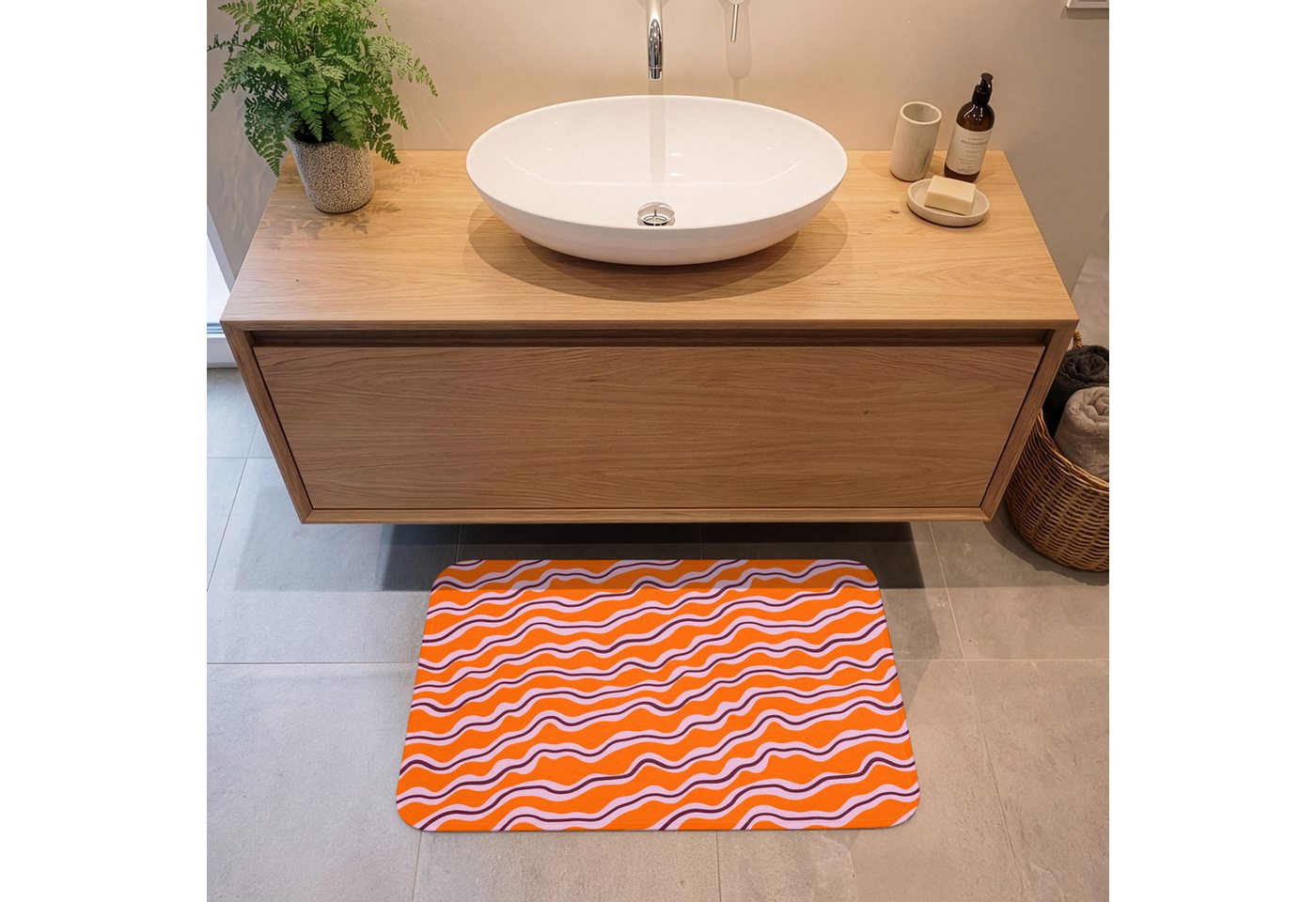 OnlyWow Badematte Retro - Gewellt - Orange, Höhe 10 mm, Polyester, Rechteckig, Badezimmerteppich, Badteppich, Rutschfest, Duschvorleger, Duschmatte Bild 4