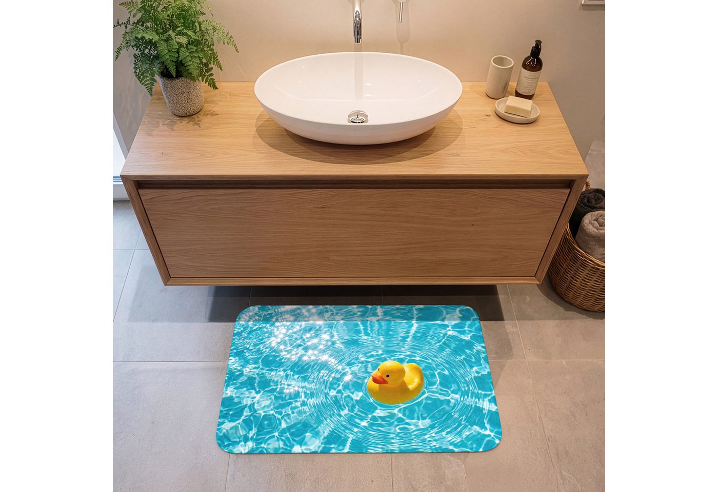 OnlyWow Badematte Gummi-Ente - schwimmend - Blau, Höhe 10 mm, Polyester, Rechteckig, Badezimmerteppich, Badteppich, Rutschfest, Duschvorleger, Duschmatte Bild 2