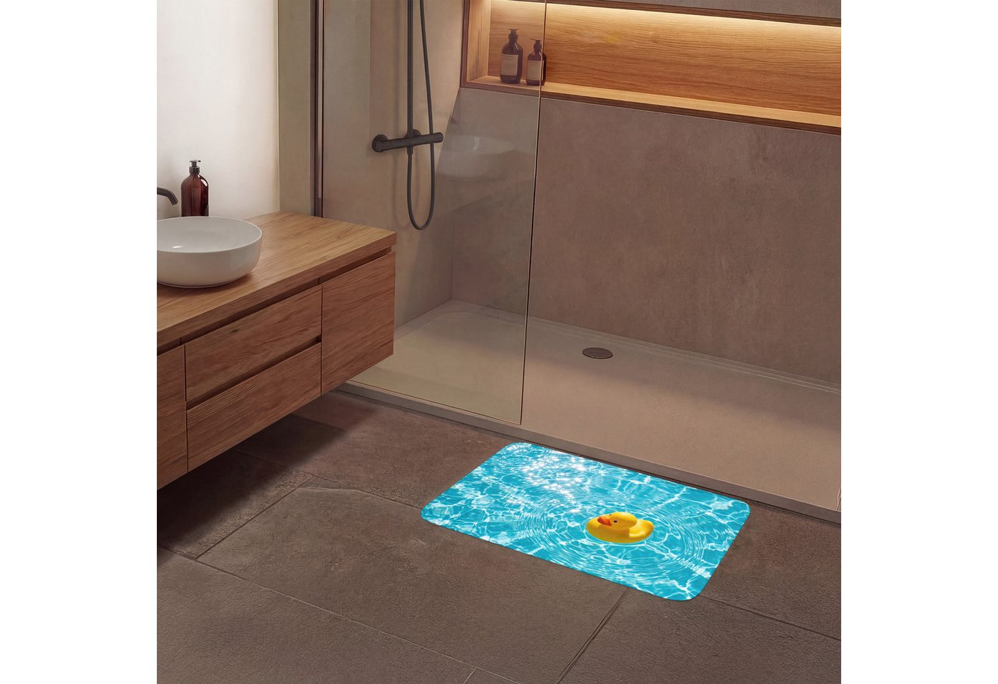 OnlyWow Badematte Gummi-Ente - schwimmend - Blau, Höhe 10 mm, Polyester, Rechteckig, Badezimmerteppich, Badteppich, Rutschfest, Duschvorleger, Duschmatte Bild 3