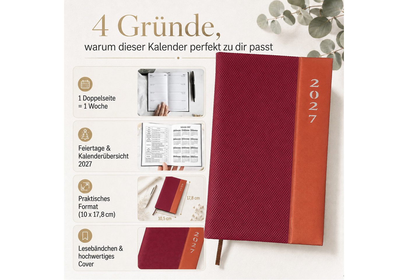 AMLI Taschenkalender Taschenkalender 2027 A6 Lang 1 Woche 2 Seiten Softtouch Bordeaux-Rot, A6 Lang 10,5x17,8 cm, Softtouch, Leseband, Ferien & Feiertage