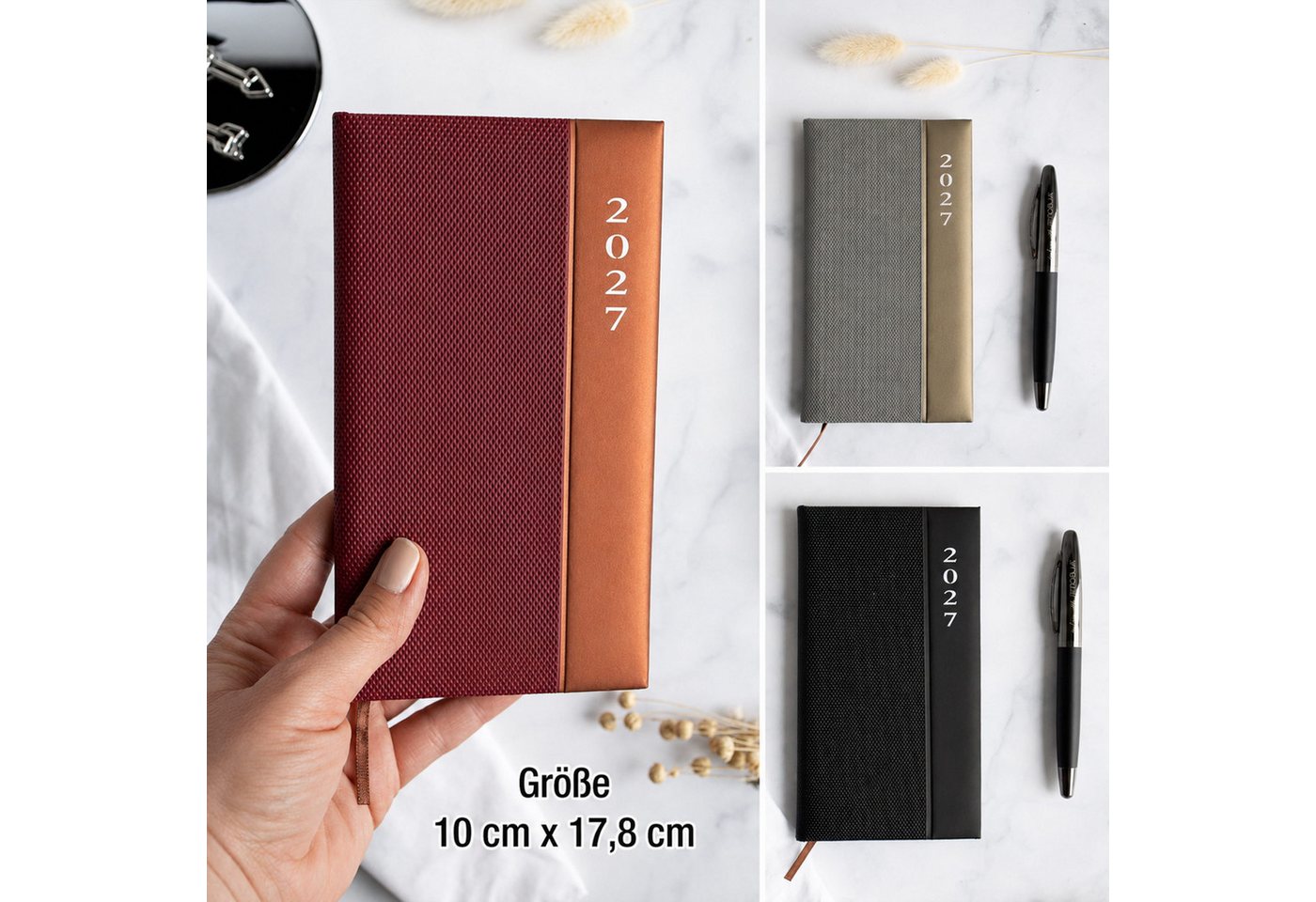 AMLI Taschenkalender Taschenkalender 2027 A6 Lang 1 Woche 2 Seiten Softtouch Bordeaux-Rot, A6 Lang 10,5x17,8 cm, Softtouch, Leseband, Ferien & Feiertage Bild 2