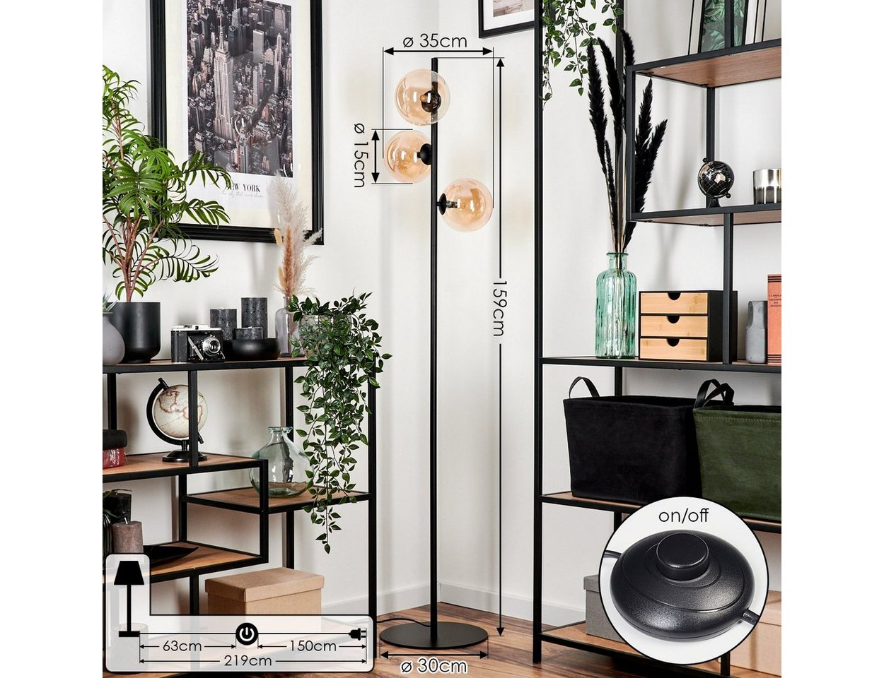 hofstein Stehlampe Stehlampe aus Metall/Glas in Schwarz/Bernsteinfarben, ohne Leuchtmittel, Standlampe im Retro-Design aus Glas, 3 x G9, ohne Leuchtmittel Bild 2