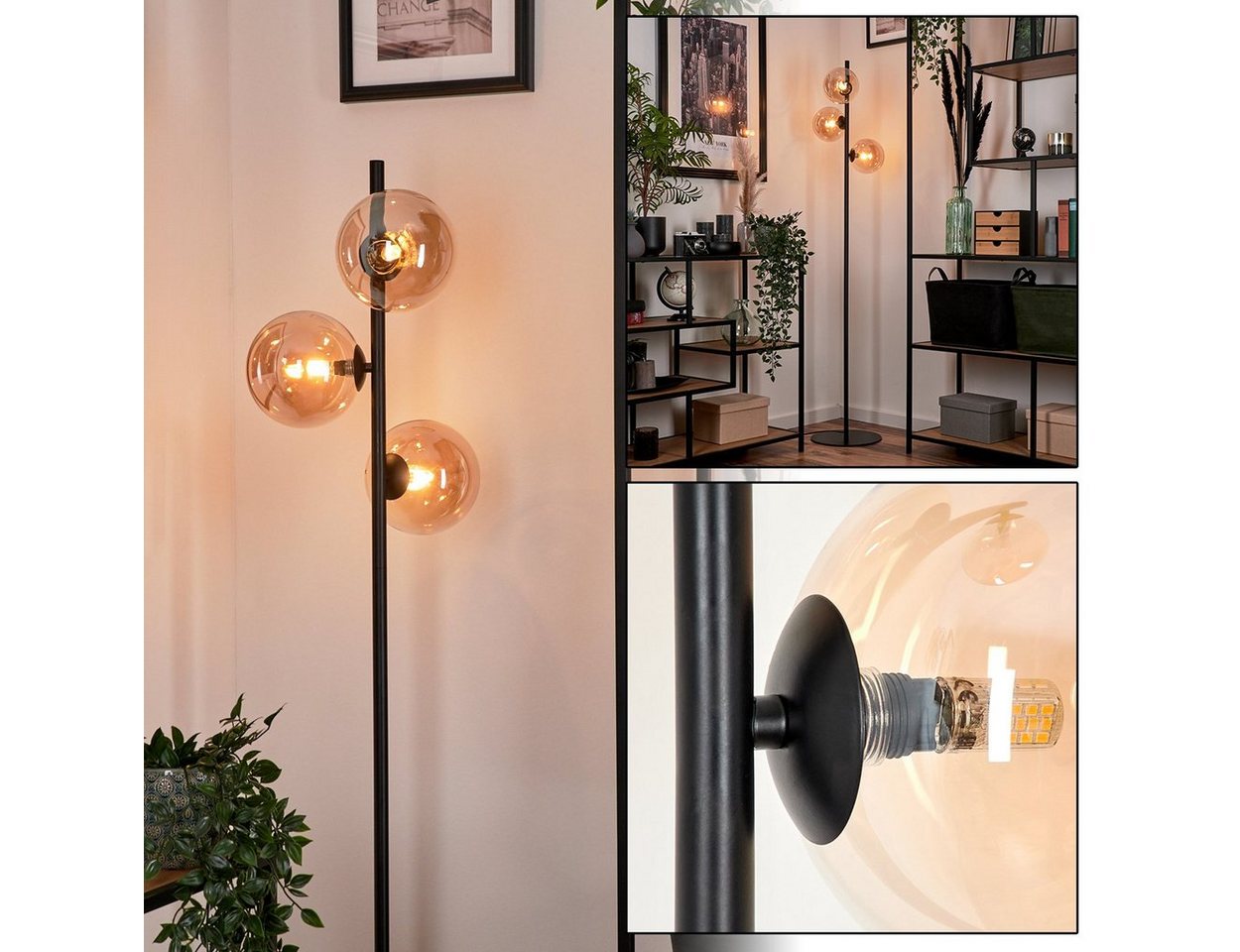 hofstein Stehlampe Stehlampe aus Metall/Glas in Schwarz/Bernsteinfarben, ohne Leuchtmittel, Standlampe im Retro-Design aus Glas, 3 x G9, ohne Leuchtmittel Bild 3