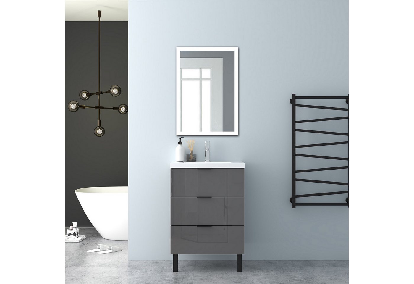 Aica Sanitär Waschtisch Badezimmerschrank Waschbecken mit Unterschrank Badmöbel Badschrank (Hängeschrank, mit Schrankfüße), 3 Schubladen mit Soft-Close Funktion, Waschbecken mit überlauf
