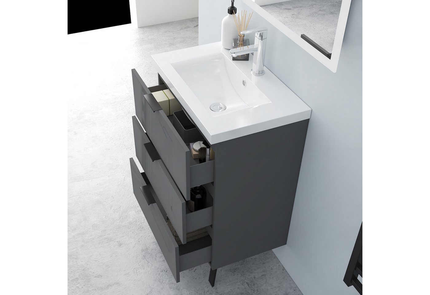 Aica Sanitär Waschtisch Badezimmerschrank Waschbecken mit Unterschrank Badmöbel Badschrank (Hängeschrank, mit Schrankfüße), 3 Schubladen mit Soft-Close Funktion, Waschbecken mit überlauf Bild 3