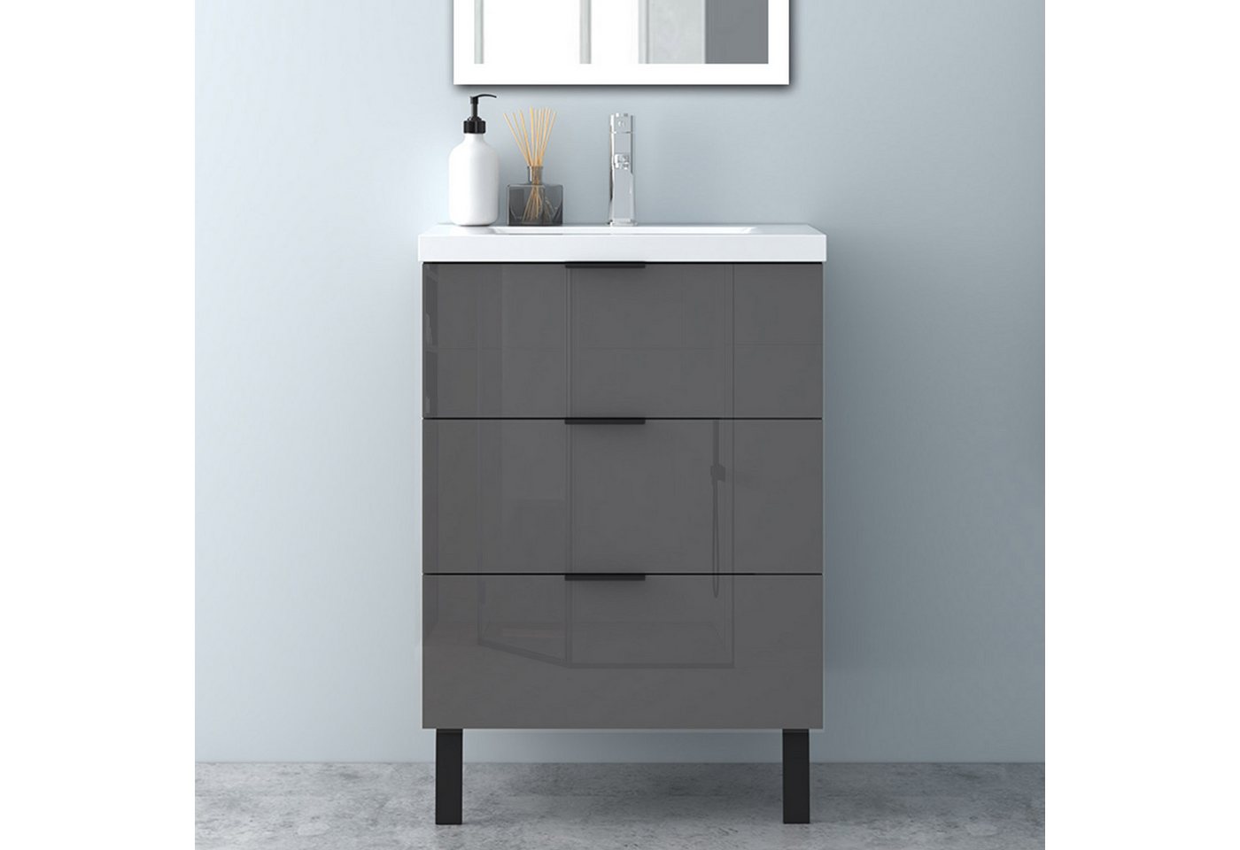 Aica Sanitär Waschtisch Badezimmerschrank Waschbecken mit Unterschrank Badmöbel Badschrank (Hängeschrank, mit Schrankfüße), 3 Schubladen mit Soft-Close Funktion, Waschbecken mit überlauf Bild 4