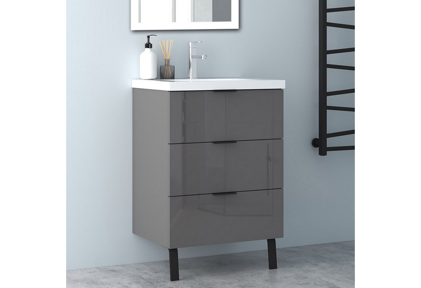 Aica Sanitär Waschtisch Badezimmerschrank Waschbecken mit Unterschrank Badmöbel Badschrank (Hängeschrank, mit Schrankfüße), 3 Schubladen mit Soft-Close Funktion, Waschbecken mit überlauf Bild 5