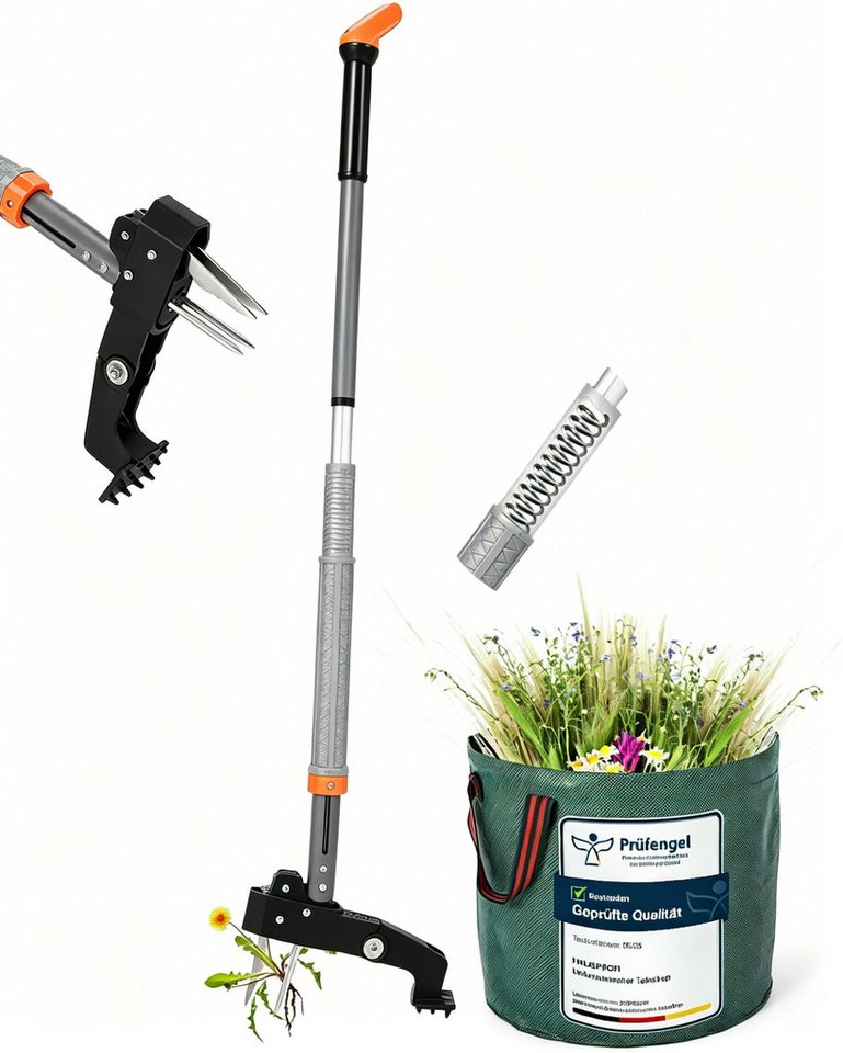 GarveeMore Unkrautstecher Löwenzahnentferner Unkrautentferner 117 cm Länge, 117 cm Gesamtlänge, mit Edelstahlkrallen & 50L Gartensack Bild 2