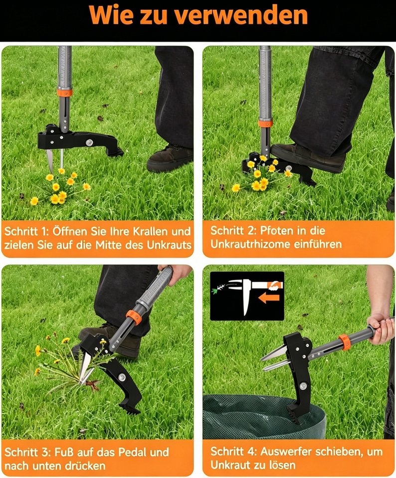 GarveeMore Unkrautstecher Löwenzahnentferner Unkrautentferner 117 cm Länge, 117 cm Gesamtlänge, mit Edelstahlkrallen & 50L Gartensack Bild 3