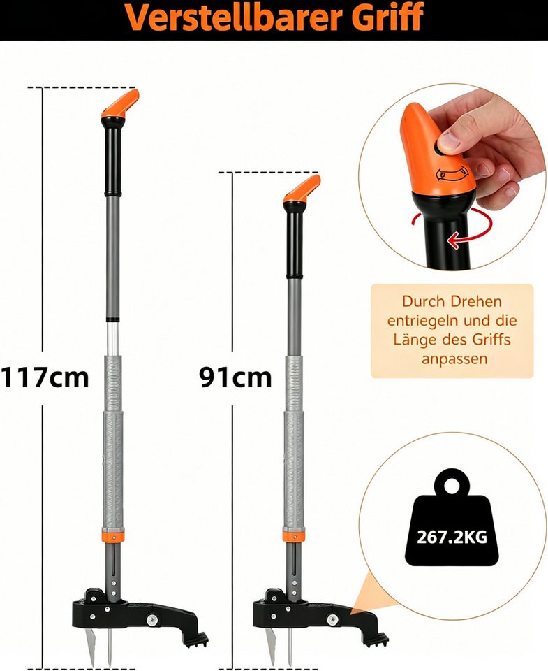 GarveeMore Unkrautstecher Löwenzahnentferner Unkrautentferner 117 cm Länge, 117 cm Gesamtlänge, mit Edelstahlkrallen & 50L Gartensack Bild 4