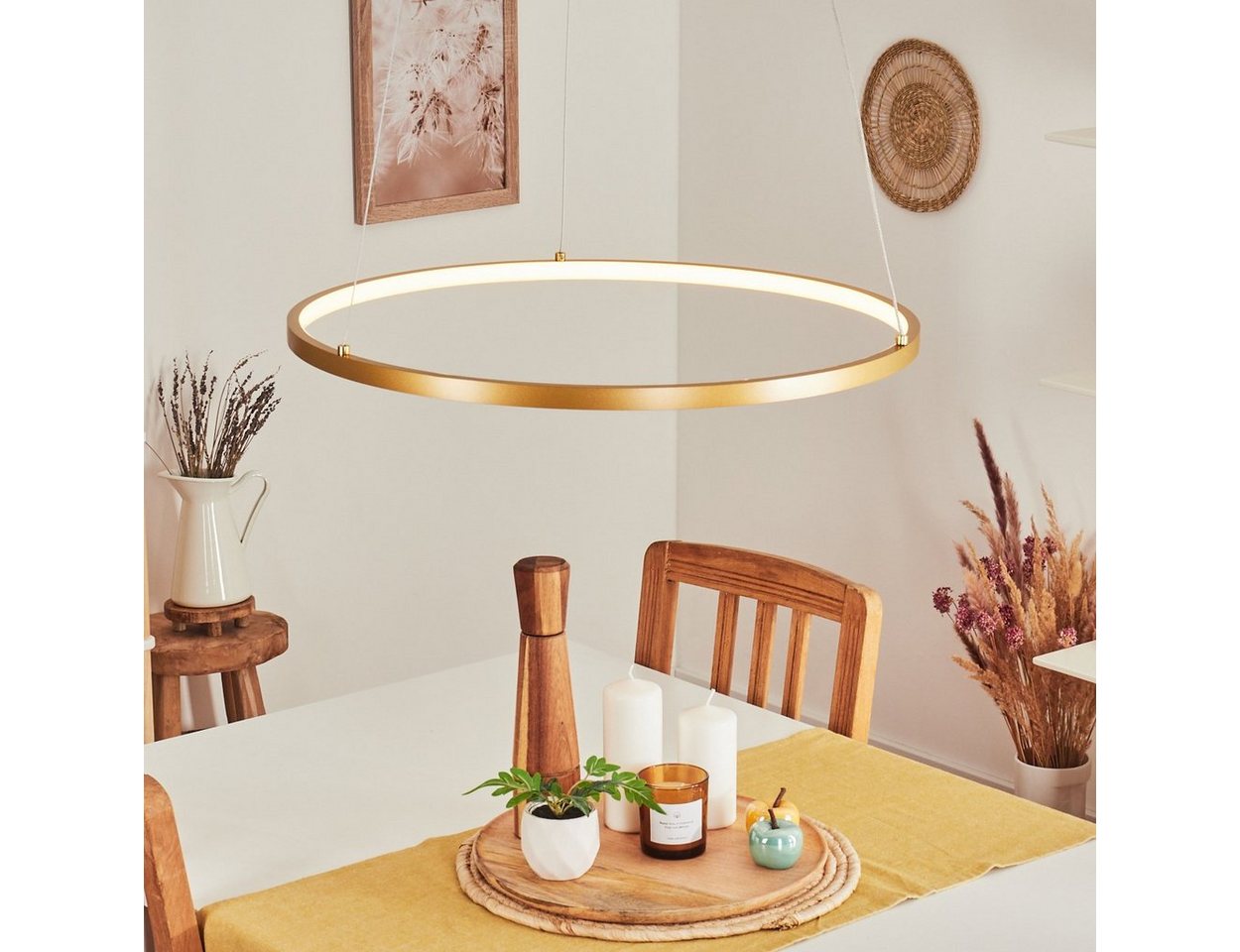 hofstein Pendelleuchte moderne Hängelampe aus Metall/Kunststoff in Messingfarben-matt/Weiß, LED fest integriert, mit rundem Schirm (60cm), Höhe max. 120cm, LED 29 Watt, 3800 Lumen