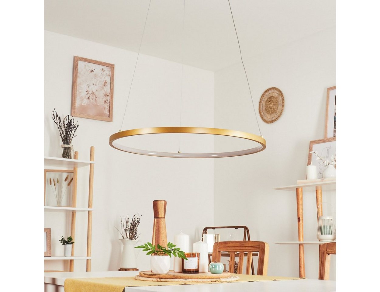 hofstein Pendelleuchte moderne Hängelampe aus Metall/Kunststoff in Messingfarben-matt/Weiß, LED fest integriert, mit rundem Schirm (60cm), Höhe max. 120cm, LED 29 Watt, 3800 Lumen Bild 3