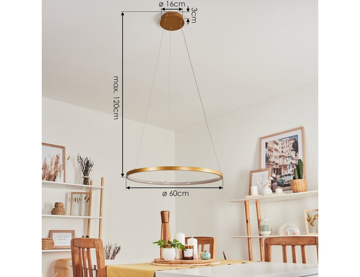 hofstein Pendelleuchte moderne Hängelampe aus Metall/Kunststoff in Messingfarben-matt/Weiß, LED fest integriert, mit rundem Schirm (60cm), Höhe max. 120cm, LED 29 Watt, 3800 Lumen Bild 5