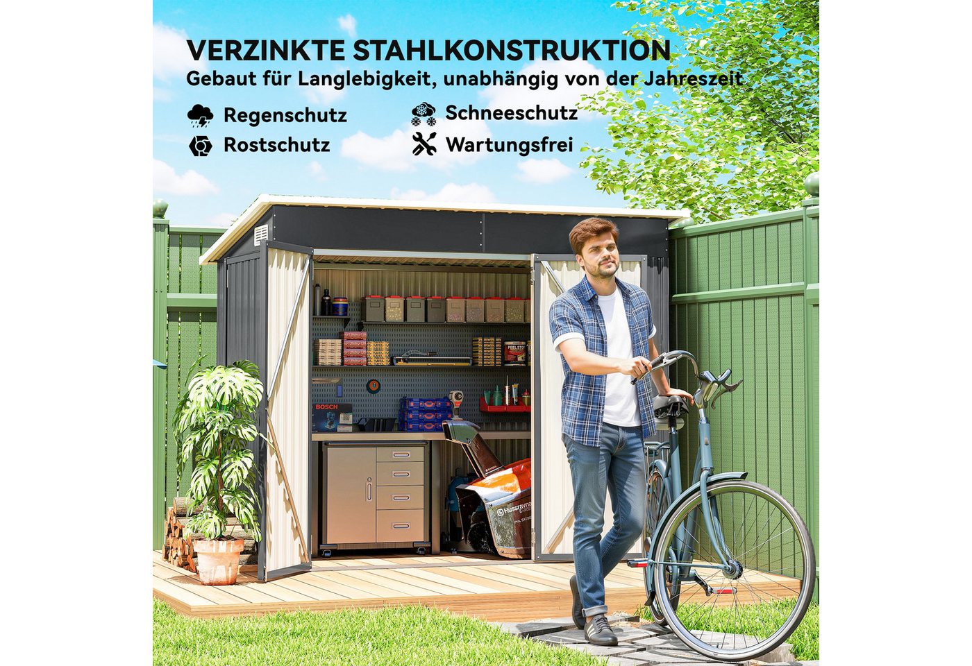 Outsunny Gerätehaus Metall 2,68 m², abschließbar Geräteschuppen mit 3 Türen, Lüftung, BxT: 234x132 cm, (Geräteschuppen, 1 St., Outdoor Schuppen), für Hinterhof Garten