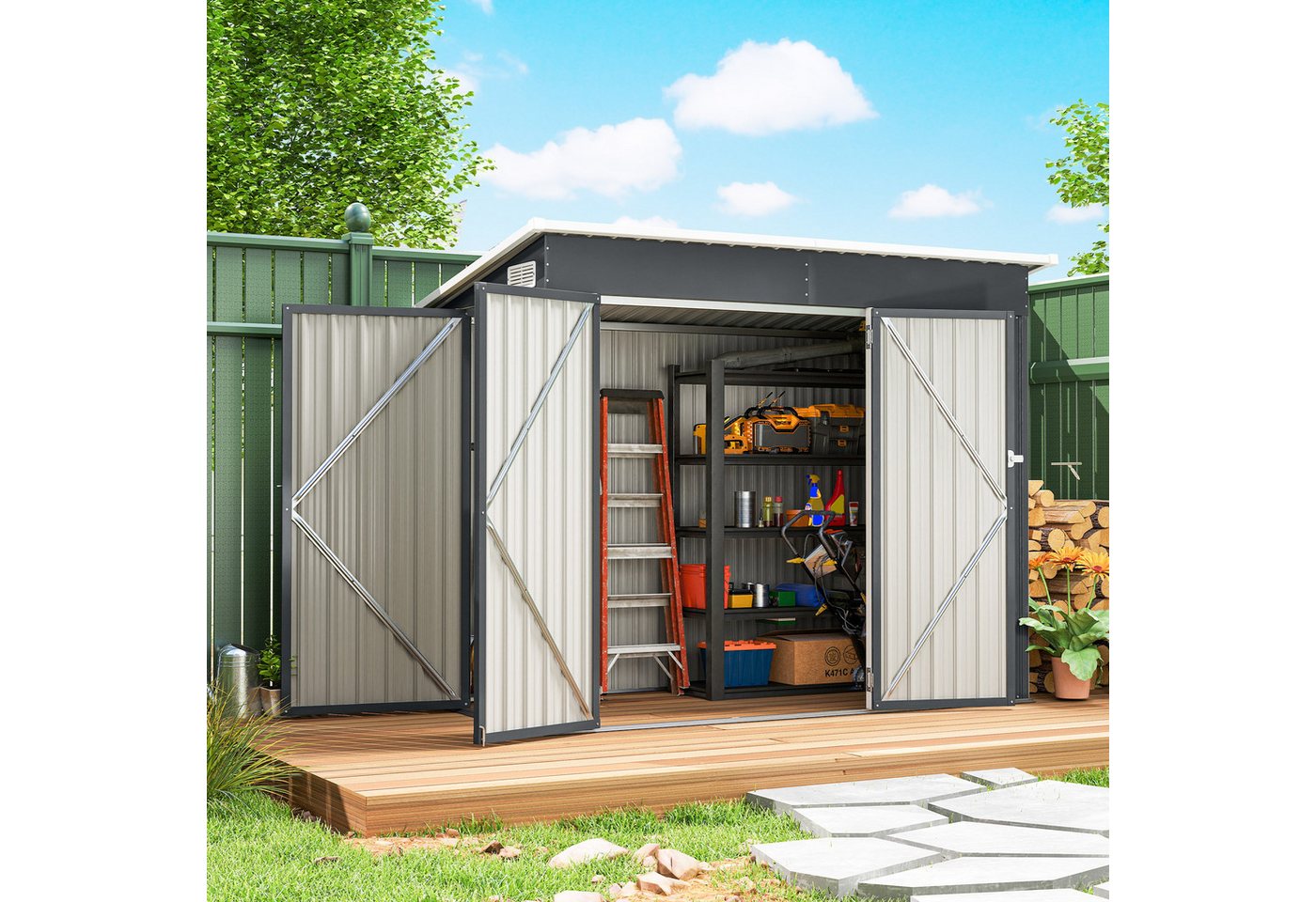 Outsunny Gerätehaus Metall 2,68 m², abschließbar Geräteschuppen mit 3 Türen, Lüftung, BxT: 234x132 cm, (Geräteschuppen, 1 St., Outdoor Schuppen), für Hinterhof Garten Bild 5