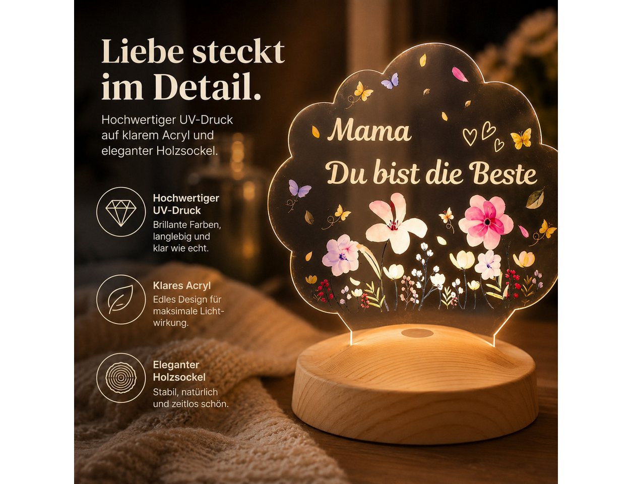 Geschenkelampe LED Nachtlicht LED Nachtlichtlampe Blütenlicht – Mama Du bist die Beste, LED fest integriert, 16 verschiedene Farben, Tageslichtweiß, Muttertag