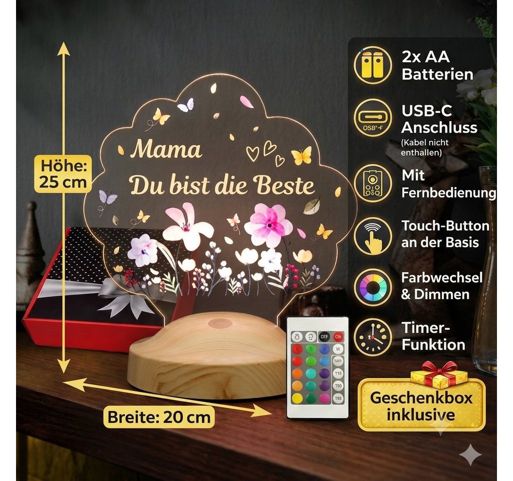 Geschenkelampe LED Nachtlicht LED Nachtlichtlampe Blütenlicht – Mama Du bist die Beste, LED fest integriert, 16 verschiedene Farben, Tageslichtweiß, Muttertag Bild 2