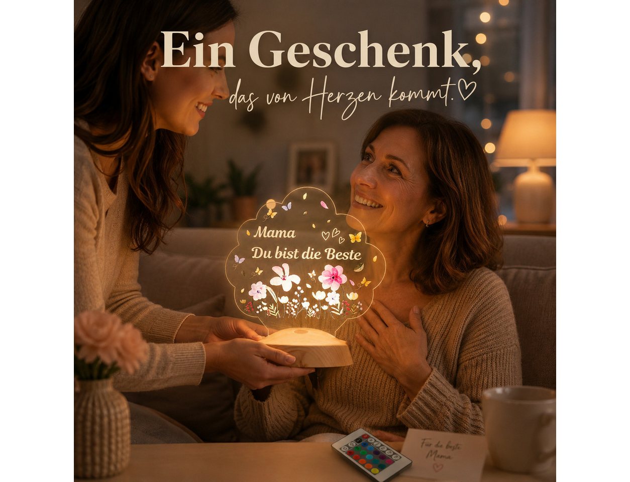 Geschenkelampe LED Nachtlicht LED Nachtlichtlampe Blütenlicht – Mama Du bist die Beste, LED fest integriert, 16 verschiedene Farben, Tageslichtweiß, Muttertag Bild 3