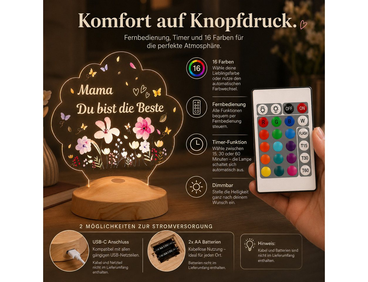 Geschenkelampe LED Nachtlicht LED Nachtlichtlampe Blütenlicht – Mama Du bist die Beste, LED fest integriert, 16 verschiedene Farben, Tageslichtweiß, Muttertag Bild 4