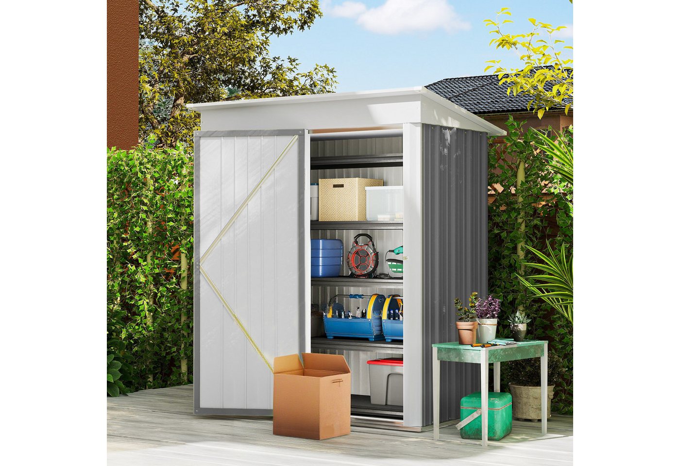 Outsunny Gerätehaus Metall Geräteschuppen mit verstellbaren Regalen, wetterfest, BxT: 161x95 cm, (Geräteschuppen, 1 St., wetterfest Gartenhaus), Outdoor Garten Schuppen für Außenbereich