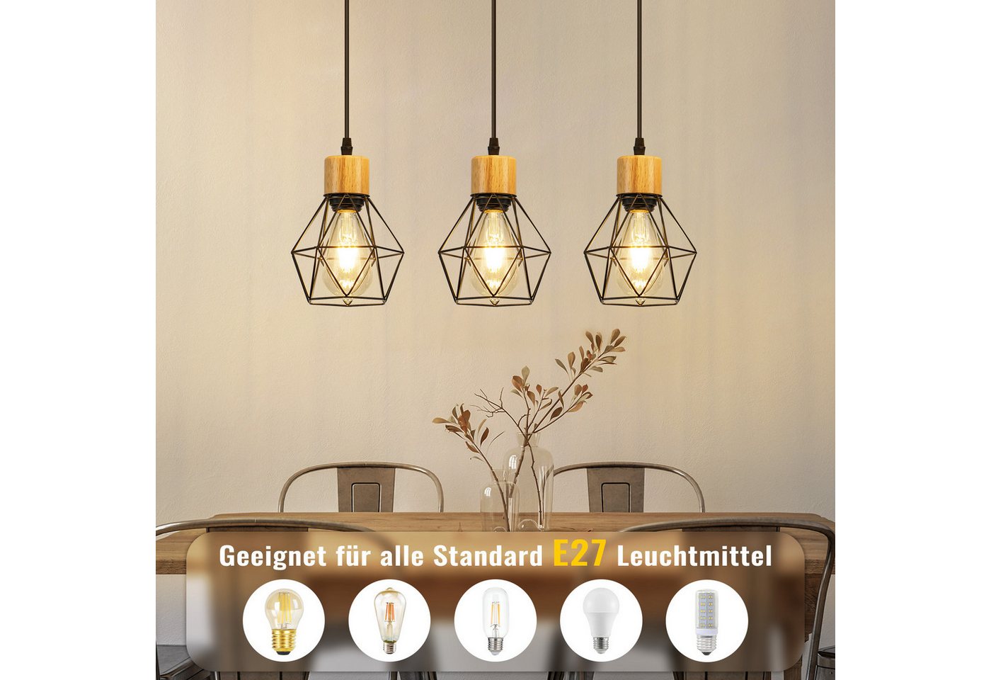 Nettlife Pendelleuchte Vintage Schwarz 3flammig Industrielle Eleganz aus Metall Holz E27, ohne Leuchtmittel, für Wohnzimmer Esszimmer Küche Schlafzimmer in Restaurants und Cafés
