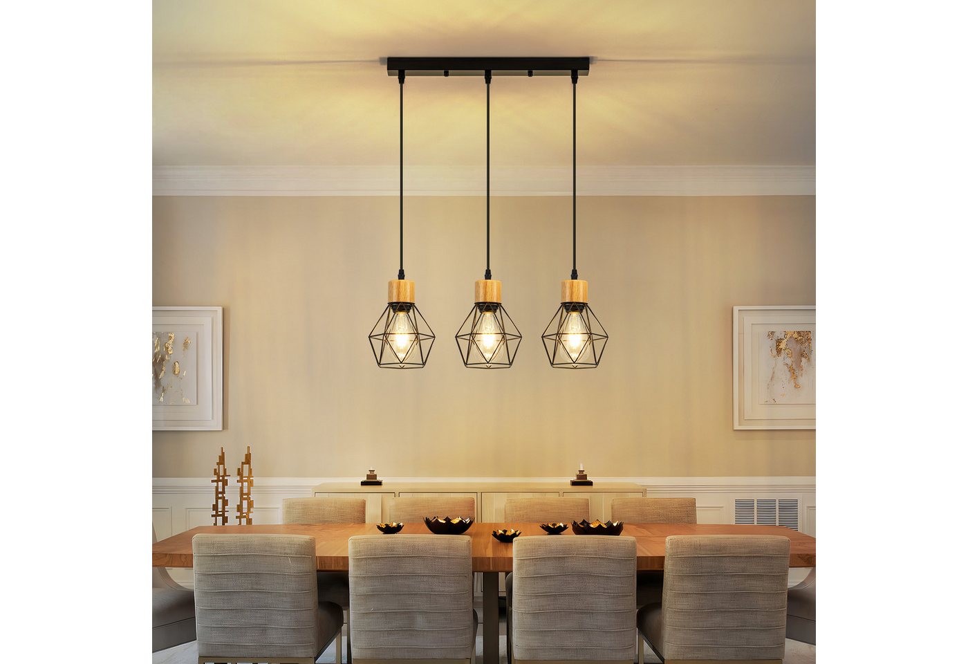 Nettlife Pendelleuchte Vintage Schwarz 3flammig Industrielle Eleganz aus Metall Holz E27, ohne Leuchtmittel, für Wohnzimmer Esszimmer Küche Schlafzimmer in Restaurants und Cafés Bild 2