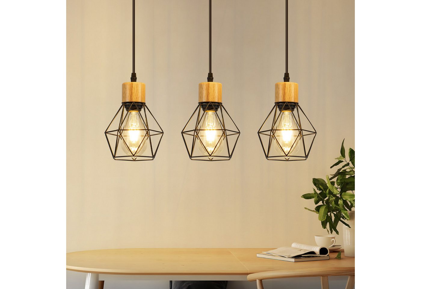 Nettlife Pendelleuchte Vintage Schwarz 3flammig Industrielle Eleganz aus Metall Holz E27, ohne Leuchtmittel, für Wohnzimmer Esszimmer Küche Schlafzimmer in Restaurants und Cafés Bild 3