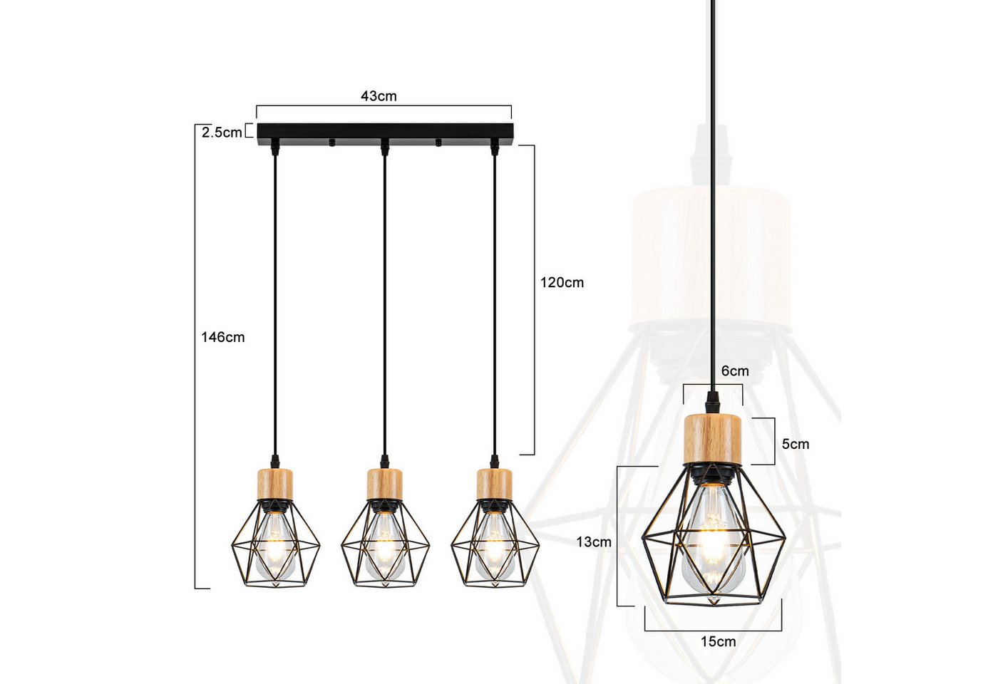 Nettlife Pendelleuchte Vintage Schwarz 3flammig Industrielle Eleganz aus Metall Holz E27, ohne Leuchtmittel, für Wohnzimmer Esszimmer Küche Schlafzimmer in Restaurants und Cafés Bild 4